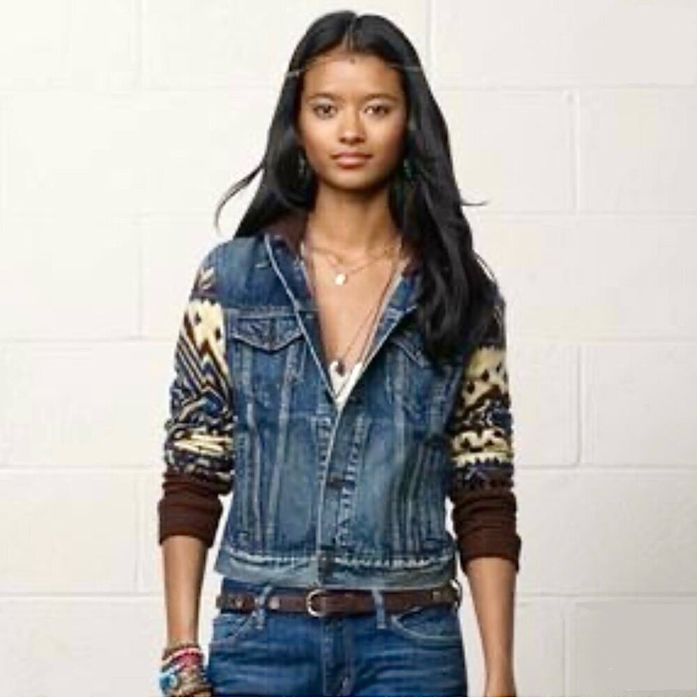 Denim & Supply Ralph Lauren Southwestern Knit Sleeve Hooded Denim Trucker Jacket